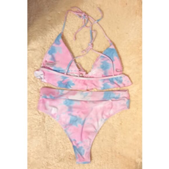 NWOT~ SHEIN White, Pink & Blue Tie Dye Print Halter Tie Bikini Set (Size: Large) - Picture 2 of 10